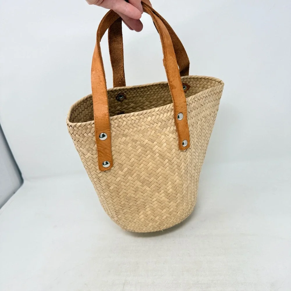 Unbranded Woven Straw Tote Bag Tan Small Beach Summer Boho Basket Leather Handle